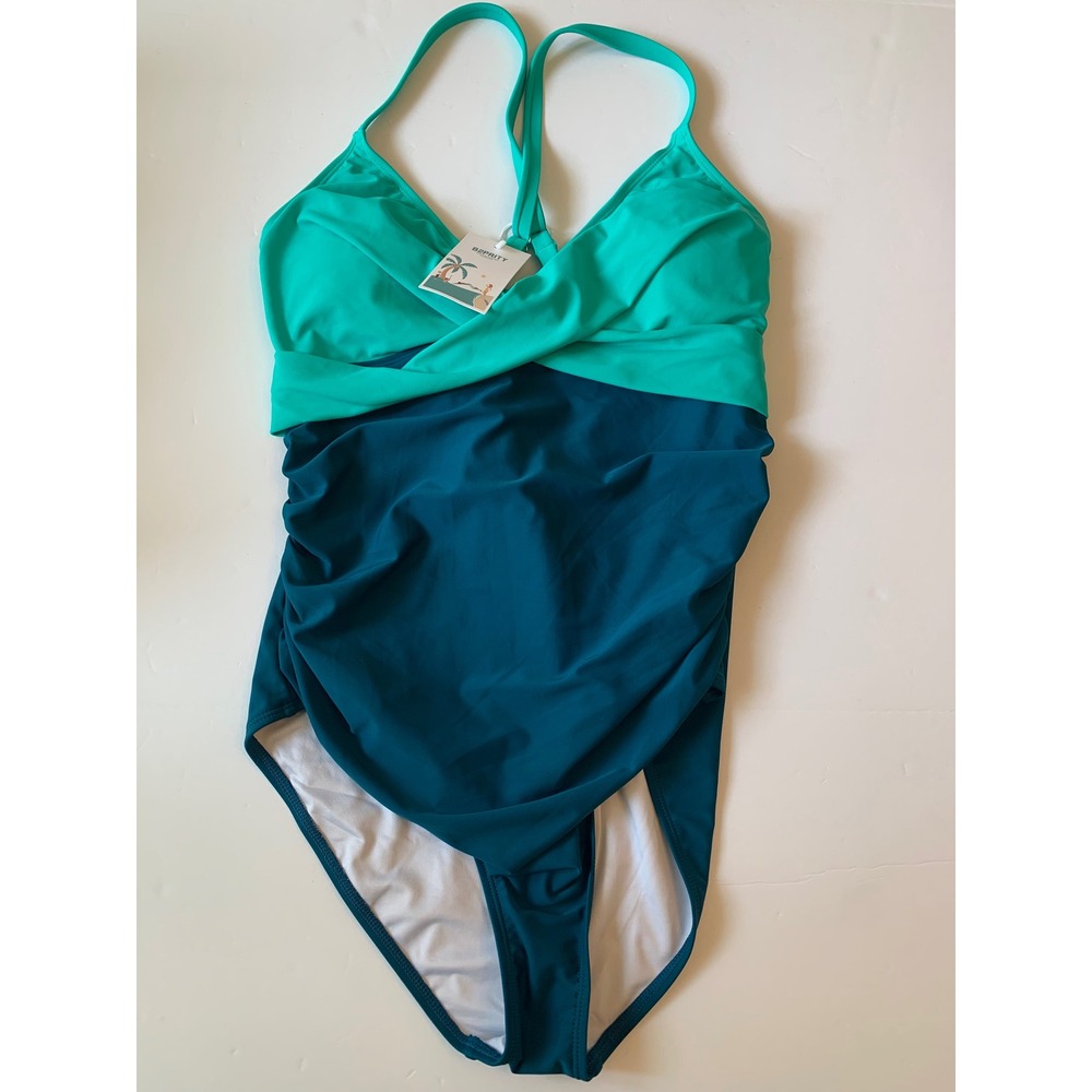 B2PRITY Womens XL One Piece Swimsuit Teal Mint Green Ruched Wrap Front NWT